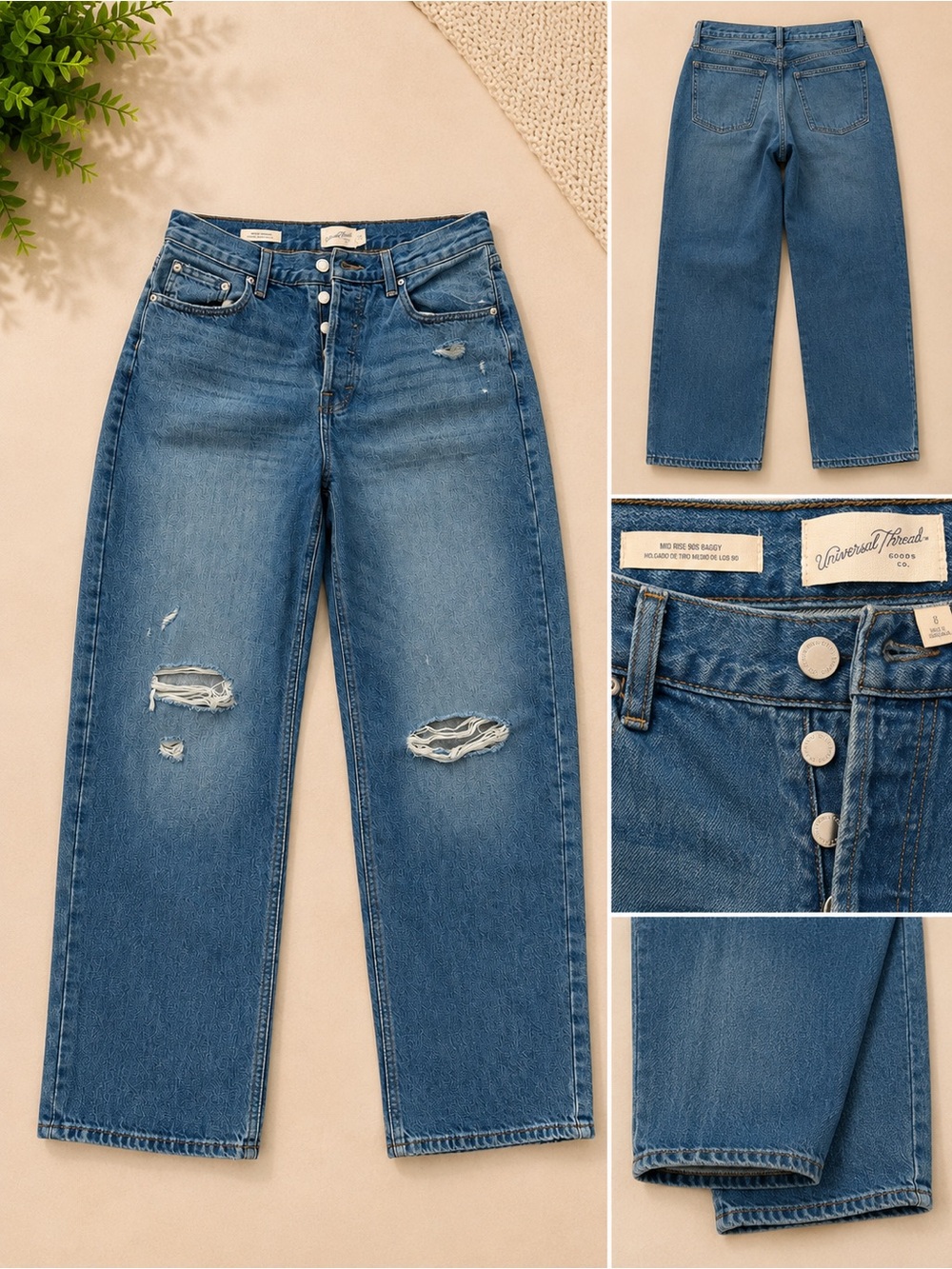 Universal Thread Straight-Leg Distressed Jeans - Medium Blue